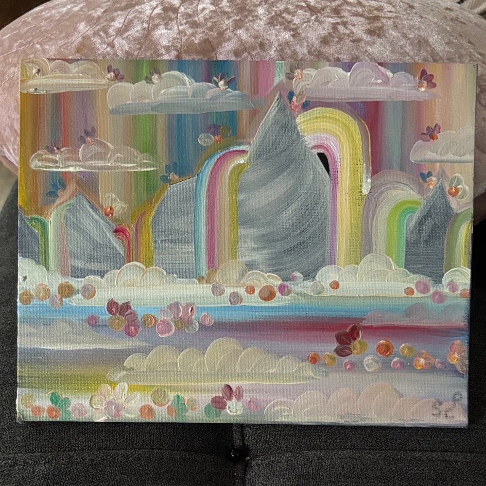 Whimsical Rainbow Mountain Canvas Art - Multicolor (hand painted): Rainbow Falls